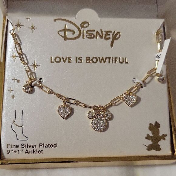 NEW ANKLET DISNEY SILVER PLATED GOLD TONE RHINESTONE MICKEY MINNIE GIFT BOX NWT